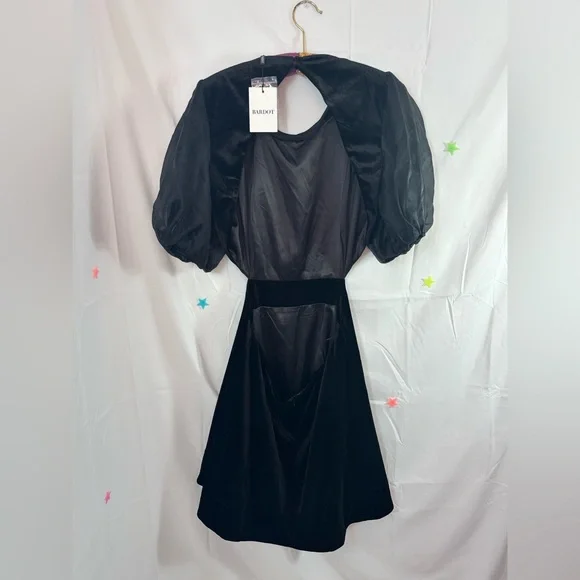 NWT Bardot Black Malina Velour Mini Dress with Cutouts and Puff Sleeves Size 12 - Picture 13 of 15